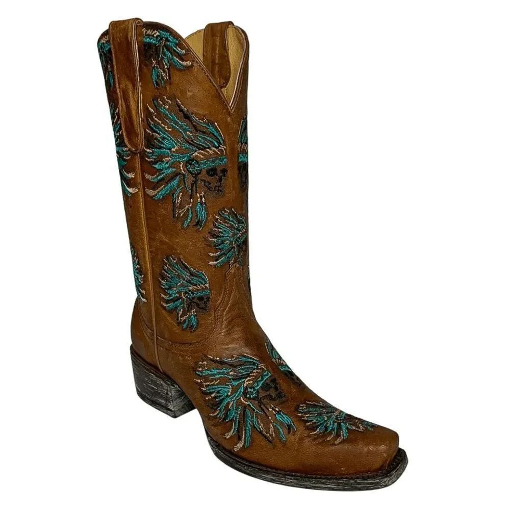 Old Gringo Yippee Ki Yay Cowgirl Boots Leather Skull Headdress Embroidery Size 7
